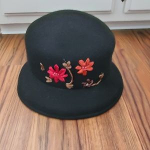 Arlin Wool Hat Black Floral Ribbon And Bead Accents